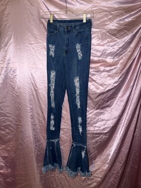 Distressed Dark washed denim Flared Jeans